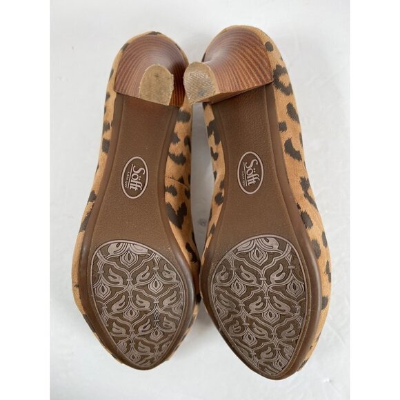 Sofft Size 8 Tan High Heeled Pump Suede Leather Printed Leopard Peep Toe Rosette - Picture 10 of 13